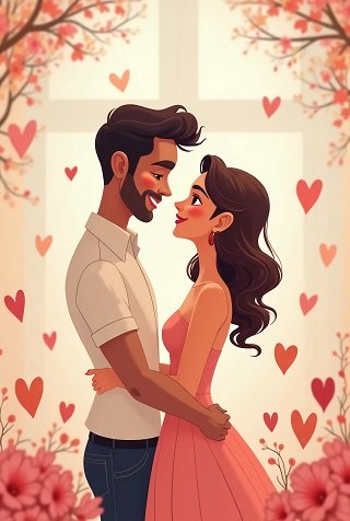 ilustratie generata AI, moment romantic cuplu, partenera imbracata in rochie roz cu umerii dezgoliti, uitandu-se in ochii partenerului ei, imbracat cu tricou alb si tinandu-l de talie, in timp ce sunt inconjurati de copaci roz din care pica inimi in loc de flori