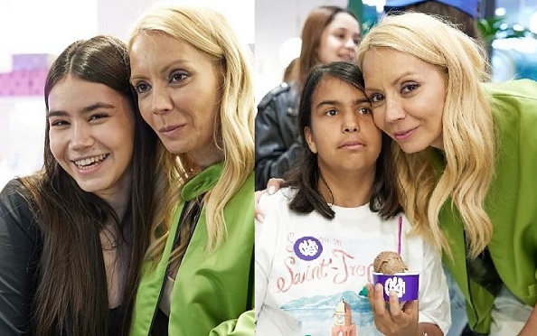 colaj imagini, Daciana Sarbu imbracata cu sacou verde fotografiindu-se alaturi de fata ei cea mare, Maria, care este vesela si poarta o geaca de piele neagra, si Daciana Sarbu tinand mana afectuos pe umarul fiicei sale mici, Maria, imbracata cu bluza roz, in timp ce aceasta tine in mana un bol cu inghetata la evenimentul de lansare al unui produs nou de la cofetaria mamei sale