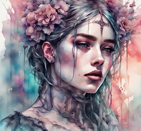 ilustratie generata AI, portret de femeie tanara, frumoasa, cu flori roz in par, imbracata in gri, deprimata, avand pe frunte un ornament cruce argintie si fiind inconjurata de nuante de albastru si de roz