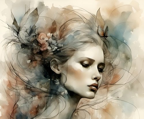 ilustratie generata AI, portret de femeie tanara, frumoasa, cu privirea in jos, deprimata, avand pe cap flori, inconjurata de nuante terne de maro si gri