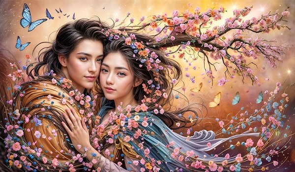 ilustratie generata AI, cuplu tanar asiatic, partenera cu mantie albastra, fluida, pe umeri, impodobita cu flori roz, imbratisandu-si partenerul, imbracat in maroniu, amandoi fiind inconjurati de flori roz si bleu de primavara si de fluturi albastri si galbeni