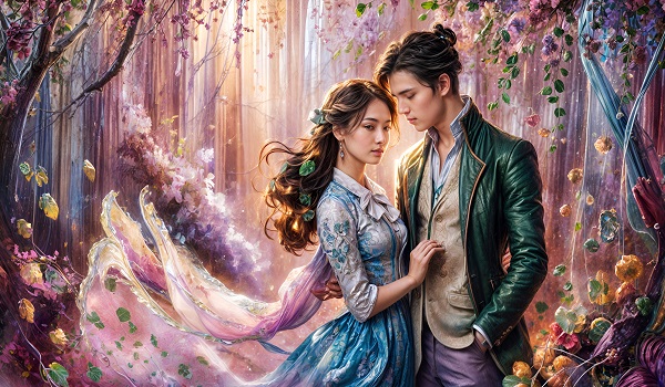 ilustratie, cuplu tanar, partenera imbracata in rochie bleu cu guler alb, de epoca, cu mantie lila,avand flori in par, alaturi de partenerul ei, care o priveste, fiind imbracat cu jacheta verde si vesta bej, amandoi aflandu-se intr-o padure cu frunze si flori in nuante de violet