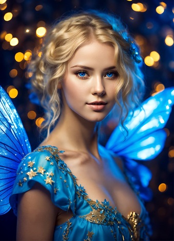 ilustratie, zana blonda cu ochii albastri, cu parul strans,imbracata in rochie albastra cu stelute aurii in zona umerilor, cu aripi de fluture albastre, inconjurata de luminite aurii