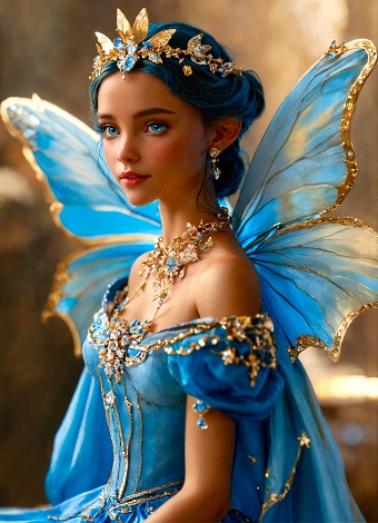 ilustratie generata AI, zana cu aripi de fluture albastre cu auriu, cu parul albastru, imbracata in rochie albastra cu ornamente aurii, cu colier, cercei si diadema aurii cu pietre albastre
