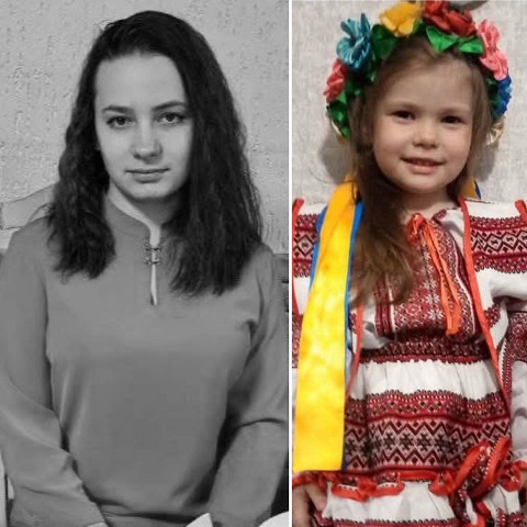 colaj imagini, fotografie alb-negru Dașa Sergienko, tanara care a murit incercand sa-si protejeze sora intr-un bombardament rus, si fotografie color sora ei, Evghenia, zambitoare, imbracata in costum traditional ucrainean