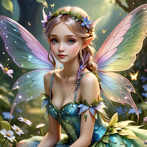 ilustratie, zana diafana cu aripi transparente de fluture, in nuante pastelate, imbracata in rochie cu bretele subtiri verde cu albastru, cu ornamente de frunze pe brate, cu coronita de flori, stand printre frunze si flori, inconjurata de fluturi, in padurea magica 