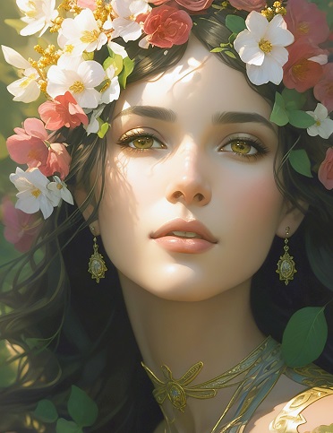 ilustratie generata AI, femeie tanara, frumoasa, cu parul inchis la culoare, avand pe cap un aranjament din frunze,flori albe si rosii, purtand bijuterii aurii, privind in sus si avand chipul luminat de razele soarelui
