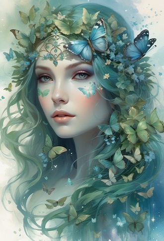 ilustratie generata AI, femeie tanara, frumoasa, cu parul albastru-verde, cu fluturi verzi si albastri prin par si in jurul ei si avand doi fluturasi albastri pe obraji