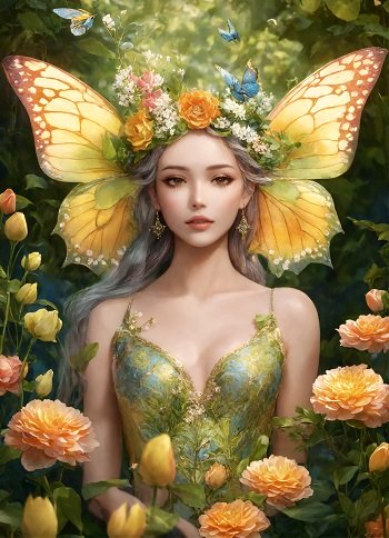 ilustratie generata AI, zana cu aripi de fluture in nuante de galben si portocaliu, imbracata in rochie verde, decoltata, cu bretele subtiri, purtand pe cap o coroana de flori, deasupra ei zburand fluturi albastri si aflandu-se intr-o gradina inconjurata de verdeata si de flori in nuante de portocaliu