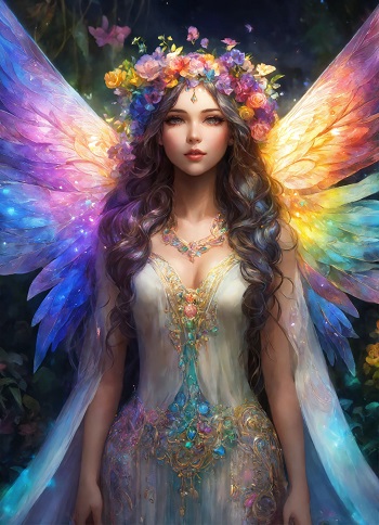 ilustratie generata AI, zana cu aripi de fluture in culori pastelate, cu coroana de flori pe cap, imbracata in rochie lunga, alba, cu ornamente in nuante pastelate, cu colier cu roz si bleu la gat, aflandu-se intr-un cadru cu verdeata