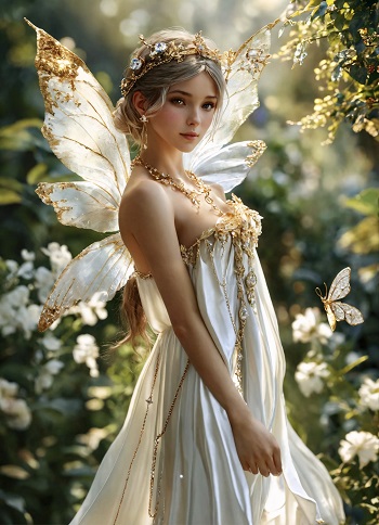 ilustratie generata AI, zana cu aripi de fluture albe cu marginii aurii, imbracata in rochie alba, decoltata, cu auriu, purtand pe cap coronita aurie cu alb si cercei lungi si colier aurii, in jurul ei zburand fluturi albi si fiind inconjurata de flori albe intr-o gradina