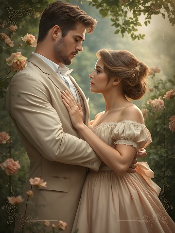 ilustratie generata AI, cuplu nobil, partenera imbracata in rochie nude cu umerii dezgoliți si cu maneci scurte, tinandu-si mainile pe pieptul partenerului ei, care o priveste si o tine in brate, imbracat in costum bej si camasa alba,amandoi aflandu-se intr-o gradina cu trandafiri roz deschis