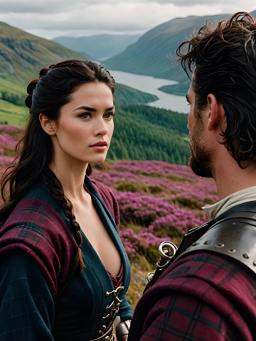ilustratie generata AI, femeie frumoasa, bruneta, imbracata in costum traditional din zona Highlands din Scotia,cu rochie cu verde inchis si cu visiniu cu carouri, in timp ce priveste un barbat aflat in fata ei, imbracat tot in costum traditional din Highlands, amandoi aflandu-se pe un deal acoperit cu flori roz dintr-o zona deluroasa,cu verdeata si cu un curs de apa 