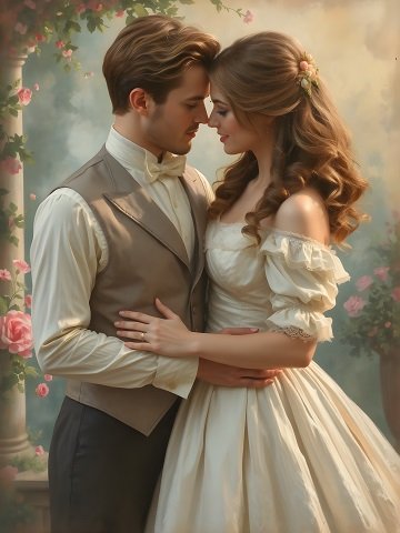 ilustratie generata AI, cuplu nobil intr-o gradina de trandafiri roz, partenera imbracata in rochie lunga crem, cu maneci scurte, zambind si lipindu-si fruntea de cea a partenerul ei, imbracat cu camasa alba, veste bej si pantaloni maro, care o imbratiseaza