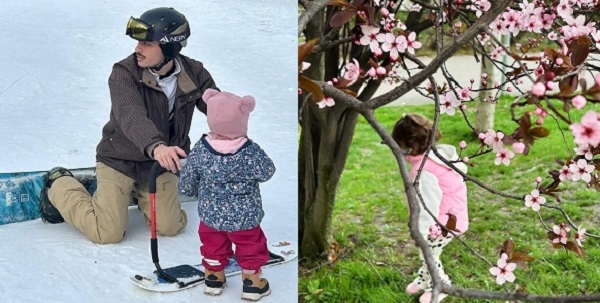 colaj imagini Radu, fiul Ancai Țurcașiu, imbracat cu jacheta maro, pantaloni bej, avand casca de protectie pe cap si stand in genunchi, pe zapada, cu placa de snowbord, iar fetita lui, Zoe, imbracata in costum de fas cu jacheta inflorata, pantaloni ciclam si caciulita roz sta in fata lui langa o placa mica de snowboard si Zoe imbracata cu jacheta roz cu alb, stand cu capusorul in jos si uitandu-se in iarba sub copaci infloriti roz