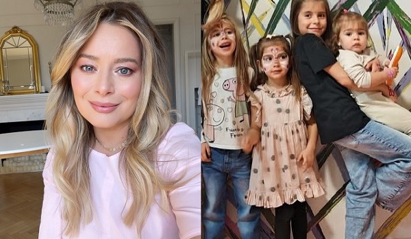 colaj imagini Laura Cosoi zambitoare, imbracata cu bluza roz pal, aflandu-se intr-un spatiu interior cu candelabru si oglinda cu rama aurie și cele patru fetițe ale ei, fericite, stand cu spatele la un perete pictat, in timp ce se afla la un loc de joaca, doua dintre fetite fiind pictate pe față