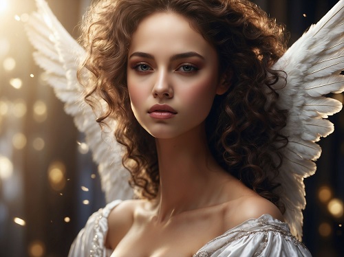 ilustratie, femeie frumoasa, cu parul cret, imbracata in alb, cu aripi albe de inger, stand ganditoare si fiind inconjurata de luminite aurii