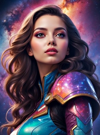 ilustratie generata AI, portret de femeie tanara, frumoasa, increzatoare, imbracata intr-un costum mulat pe corp cu albastru si violet, cu armura cu auriu in zona umerilor, in timp ce se afla intr-un cadru cosmic