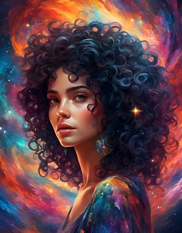 ilustratie generata AI, portret de femeie frumoasa, tanara, cu parul negru cret, cu o stea in par, imbracata intr-o tinuta in nuante de roz, albastru, rosu si portocaliu, in timp ce este inconjurata de un cer in culori diverse, intr-un cadru cosmic