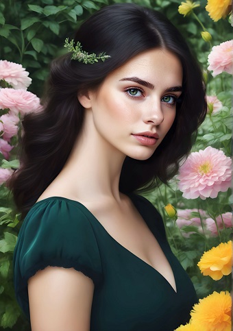 ilustratie generata AI, femeie tanara, frumoasa, bruneta, avand in par o crenguta verde, imbracata in verde inchis, fiind inconjurata de flori roz si galbene intr-un cadru cu verdeata 