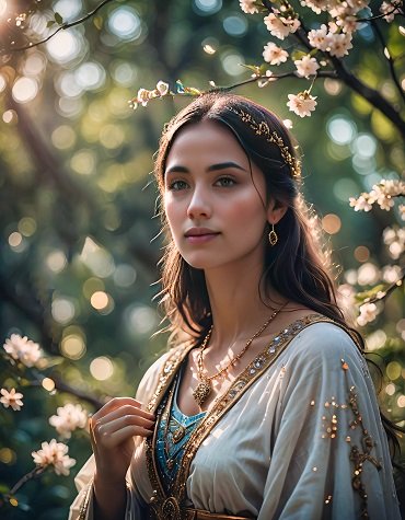 ilustratie generata AI, femeie tanara, frumoasa, imbracata in rochie alba, cu ornamente aurii si cu o portiune albastra in zona decolteului, purtand colier, cercei si diadema aurii, in timp ce sta, ganditoare, langa copaci infloriti roz intr-o zi insorita de primavara