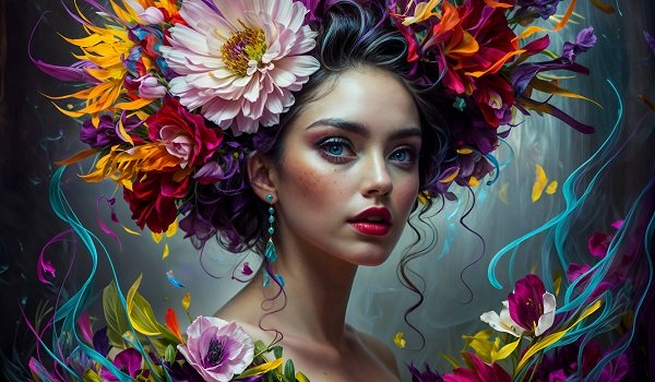 ilustratie generata AI, femeie tanara, frumoasa, cu parul strans, cu cercei lungi albastri, avand pe cap un ornament din flori mari si avand flori si in zona gatului