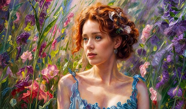 ilustratie generata AI tip pictura, femeie tanara, cu parul roscat, ganditoare, imbracata in rochie albastra cu bretele, inconjurata de flori si de fluturi albastri pe un camp de flori