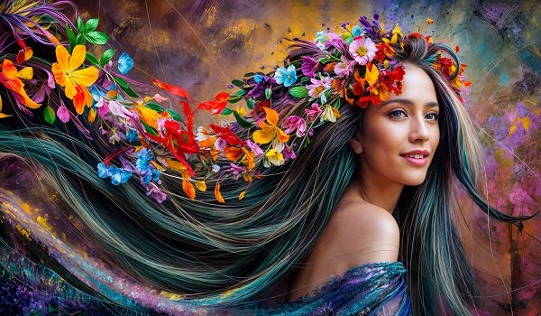 ilustratie generata AI, femeie tanara, frumoasa, vesela, cu umerii goi,cu parul lung cu suvite colorate,,avand in par multe flori si fiind inconjurata de un fundal in nuante de violet, de albastru si de galben