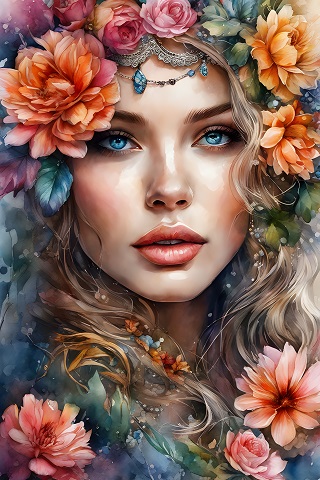 ilustratie generata AI, portret de femeie tanara, frumoasa, cu parul lung, cu ornament de flori mari pe cap, cu o bijuterie argintie cu pietre albastre pe frunte, stand visatoare 