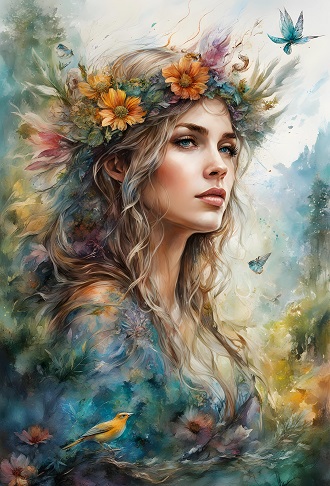 ilustratie generata AI, femeie tanara, frumoasa, cu parul lung, imbracata in albastru, avand in par un ornament bogat de flori, stand intr-un colt de natura, avand in preajma ei o pasare galbena si fluturi