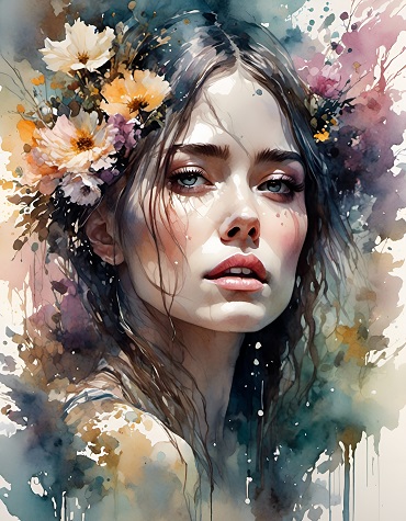 ilustratie generata AI, portret de femeie trista, cu parul negru, cu flori in par, inconjurata de nuante sumbre