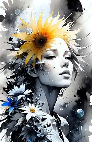 ilustratie generata AI, portret de femeie trista, cu floarea-soarelui inpar, cu flori albe si albastre pe umar, inconjurata de nuante de gri si de negru