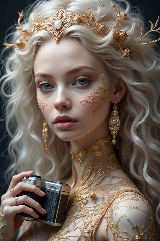 ilustratie generata AI, portret de femeie tanara, frumoasa, cu parul blond, ondulat, imbracata in auriu, purtand pe cap o coroana aurie cu o piatra alba, cercei lungi aurii cu perle, avand pe pometi tatuaje aurii, tinand in mana un aparat foto