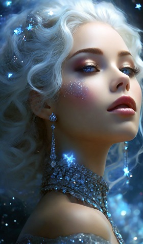 ilustratie generata AI, portret de femeie tanara, frumoasa, cu parul blond, ondulat, imbracata intr-o tinuta decoltata bleu argintiu, cu colier opulent din pietre pretioase albe, cu cercei lungi, avand in par cateva stelute, avand aplicat pe unul dintre pometi un ornament argintiu 