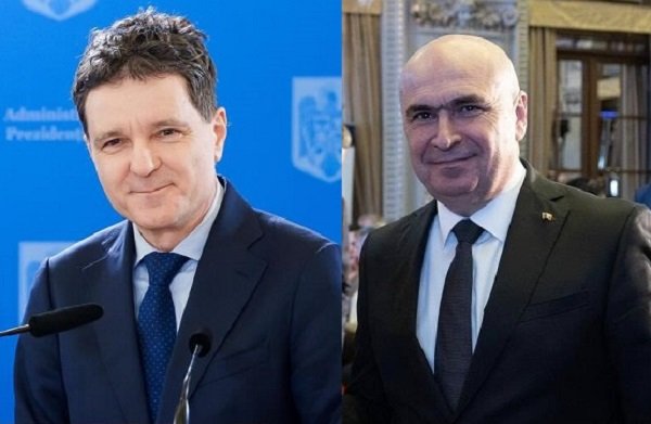 colaj imagini Nicusor Dan zambitor, imbracat in costum bleumarin, cu camasa bleu si cravata albastra, stand la pupitru la microfon la Administratia Prezidentiala, premierul Ilie Bolojan vesel, imbracat in costum negru, cu camasa alba si cravata stand in picioare intr-o sala dupa o reuniune la care a participat