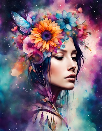 ilustratie generata AI, portret de femeie frumoasa, stand ganditoare intr-un cadru cosmic, avand pe cap un ornament mare de flori si fluturi si curgandu-i pe gat si pe umeri frunze in nuante de violet