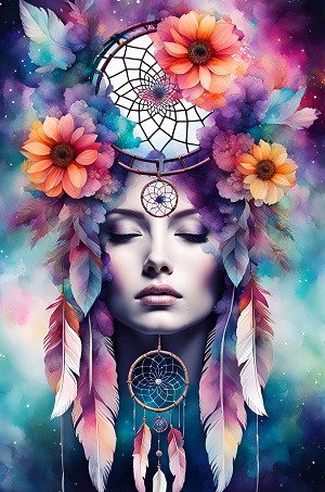 ilustratie generata AI, portret de femeie frumoasa,cu ochii inchisi, intr-un cadru stelar, avand pe cap un ornament mare de flori, un dream catcher si pene colorate si in zona gatului alt dream catcher cu pene mici, roz