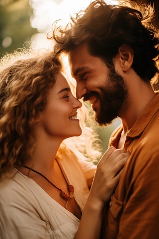 ilustratie generata AI, cuplu tanar, partenera fericita, imbracata in bluza bej, cu colier cu maro la gat, in timp ce tine mainile pe pieptul partenerului ei, zambitor, imbracat in camasa maronie, in timp ce amandoi se afla in aer liber