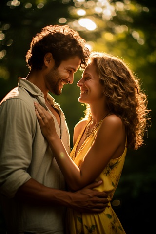 ilustratie generata AI, cuplu tanar imbratisandu-se in natura, intr-un spatiu cu copaci, partenera imbracata in rochie galbena cu bretele, cu imprimeu, tinandu-si mainile pe pieptul partenerului ei, imbracat in camasa lejera, deschisa la culoare, in timp ce acesta o imbratiseaza