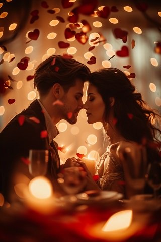 ilustratie generata AI, cuplu tanar intr-o ipostaza romantica, partenerii stand cu ochii inchisi si tinandu-se de maini in timp ce se afla la o cina romantica, la lumina lumanarilor, inconjurati de luminite si de petale de trandafir rosii 