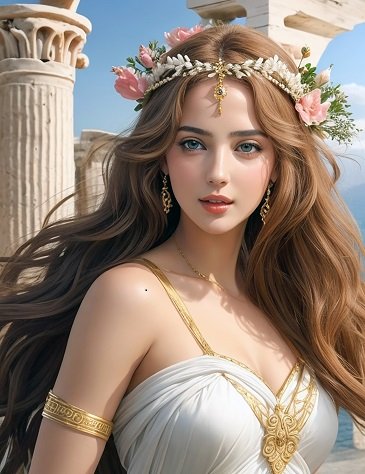 ilustratie, zeita tanara, frumoasa, zambitoare, imbracata in rochie alba decoltata, cu ornamente aurii, cu bratara aurie, cu cercei aurii, avand pe cap o diadema cu auriu si cu flori albe si roz, stand cu spatele la ruinele unui templu grecesc, in departare zarindu-se marea