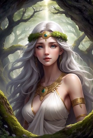 ilustratie, zeita tanara, frumoasa, cu parul gri deschis, imbracata in rochie alba, decoltata, cu colier opulent auriu cu piatra verde, cu bratara aurie pe brat, cu diadema din muschi verde si ornament asortat cu colierul, stand in fata unui copac cu muschi si cu flori bleu intr-o padure scaldata in lumina soarelui