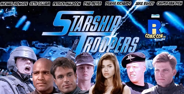 afis de prezentare al filmului science fiction Starship Troopers, cu distributia, printre ei aflandu-se si actorul Patrick Muldoon