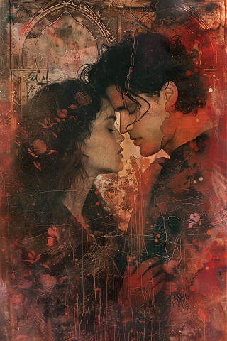 ilustratie generata AI, cuplu tanar intr-o ipostaza romantica, partenera cu flori rosii in par, tinand ochii inchisi si lipindu-si fruntea de cea a partenerului ei, care si el sta cu ochii inchisi, amandoi aflandu-se intr-un cadru similar copertei unei carti, in diverse nuante de rosu 