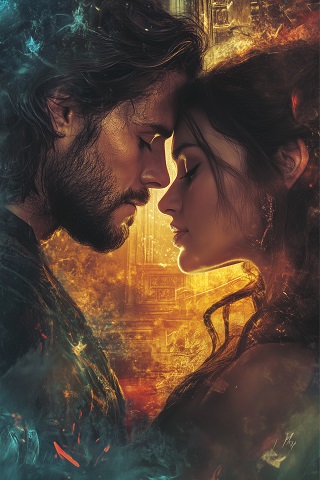 ilustratie generata AI, moment romantic in cuplu, partenera cu parul lung tinandu-si ochii inchisi in timp ce isi lipeste fruntea de cea a partenerului ei, imbracat in haine inchise la culoare, care tine si el ochii inchisi in timp ce stau impreuna intr-un cadru cu lumini de diverse culori