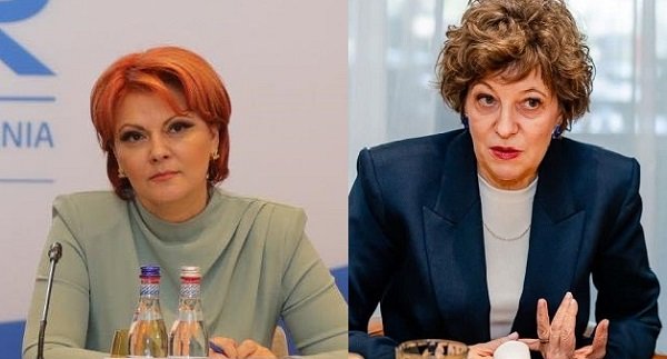 colaj imagini, Olguta Vasilescu imbracata in costum vernil, stand ganditoare la o masa, in fata unui microfon și a doua sticle de apa, in timpul unei conferinte, si Oana Gheorghiu, imbracata cu bluza alba si sacou bleumarin, in timp ce sta la un birou si gesticuleaza pentru a incerca sa dea explicatii