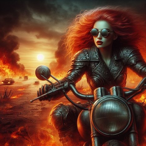 ilustratie, femeie tanara, roscata, cu parul lung, imbracata intr-un costum de armura argintie, purtand ochelari negri, conducandu-si motocicleta in timp ce se afla in desert, lasand in urma un incendiu puternic, masini care ard si fum gros