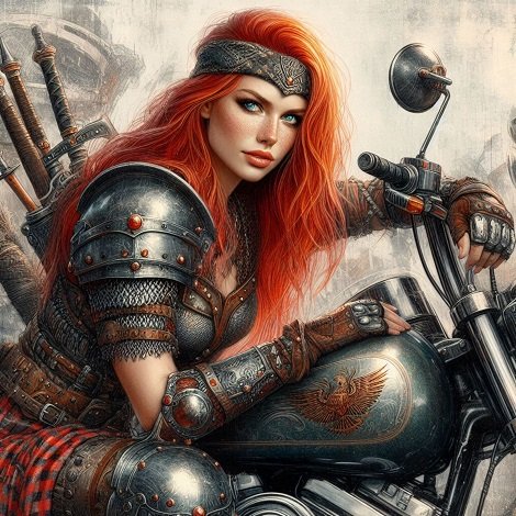 ilustratie, femeie roscata imbracata cu armura argintie cu maneca scurta, cu protectii pentru maini tot din armura, cu bentita de armura pe cap, purtand pe spate un suport cu sabii si stand pe vine, tinandu-si mainile pe o motocicleta tip Harley Davidson