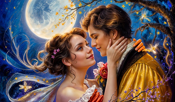 ilustratie, cuplu tanar, partenera cu parul strans, imbracata in rochie rosie cu umerii dezgoliti, avand in par flori roz, zambind in timp ce isi imbratiseaza partenerul, imbracat cu o haina mustar, intre ei fiind un buchet de flori, amandoi aflandu-se sub un copac inflorit, intr-un decor nocturn, romantic, cu flori, libelule stralucitoare si cu luna plina 