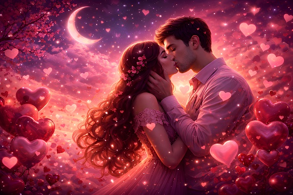 ilustratie, cuplu tanar care se saruta, partenera imbracata in rochie lunga roz, avand flori roz in par si partener in camasa cu maneca lunga, in timp ce amandoi se afla inconjurati de inimi roz si rosii, intr-un cadru nocturn, romantic, cu lumina roz si luna noua